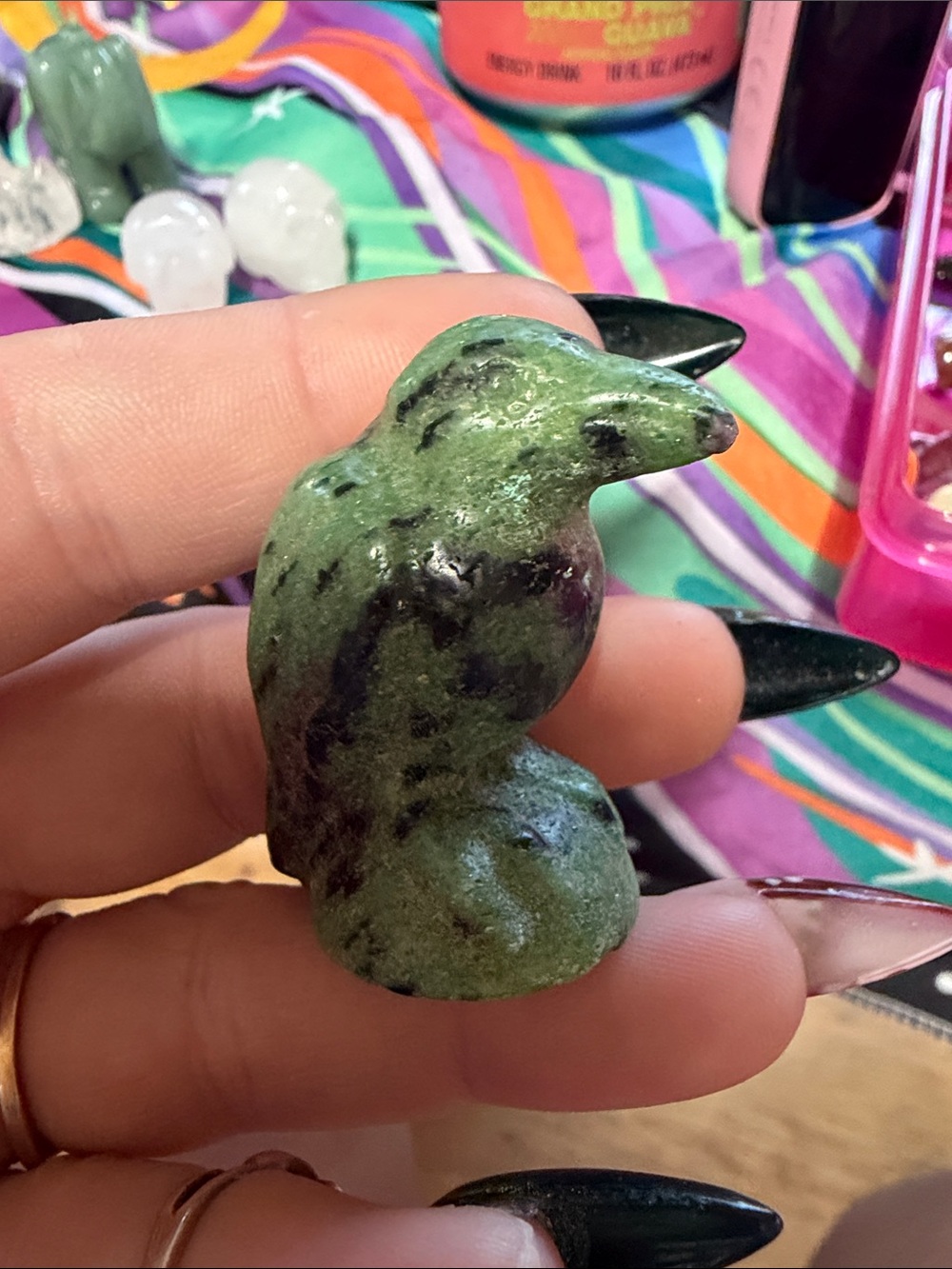 Hand Crafted Green and Black Stone Bird Sculpture